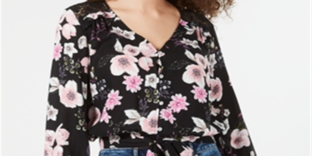 Top American Rag Junior com estampa floral e bainha amarrada, preto, tamanho pequeno