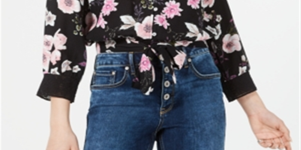 Top American Rag Junior com estampa floral e bainha amarrada, preto, tamanho pequeno