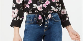 Top American Rag Junior com estampa floral e bainha amarrada, preto, tamanho pequeno