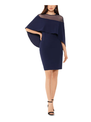 Vestido de festa Betsy Adam feminino com zíper e mangas sobrepostas, decote ilusão acima do joelho, tamanho 4, azul-marinho
