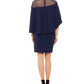 Vestido de festa Betsy Adam feminino com zíper e mangas sobrepostas, decote ilusão acima do joelho, tamanho 4, azul-marinho