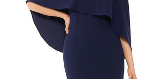 Vestido de festa Betsy Adam feminino com zíper e mangas sobrepostas, decote ilusão acima do joelho, tamanho 4, azul-marinho