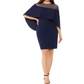 Vestido de festa Betsy Adam feminino com zíper e mangas sobrepostas, decote ilusão acima do joelho, tamanho 4, azul-marinho