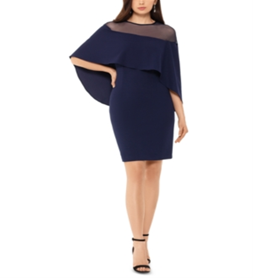 Vestido de festa Betsy Adam feminino com zíper e mangas sobrepostas, decote ilusão acima do joelho, tamanho 4, azul-marinho