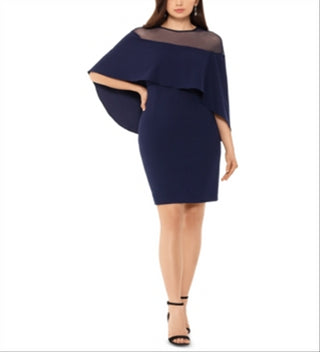 Vestido de festa Betsy Adam feminino com zíper e mangas sobrepostas, decote ilusão acima do joelho, tamanho 4, azul-marinho