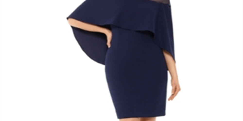 Vestido de festa Betsy Adam feminino com zíper e mangas sobrepostas, decote ilusão acima do joelho, tamanho 4, azul-marinho
