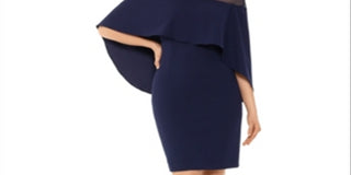 Vestido de festa Betsy Adam feminino com zíper e mangas sobrepostas, decote ilusão acima do joelho, tamanho 4, azul-marinho