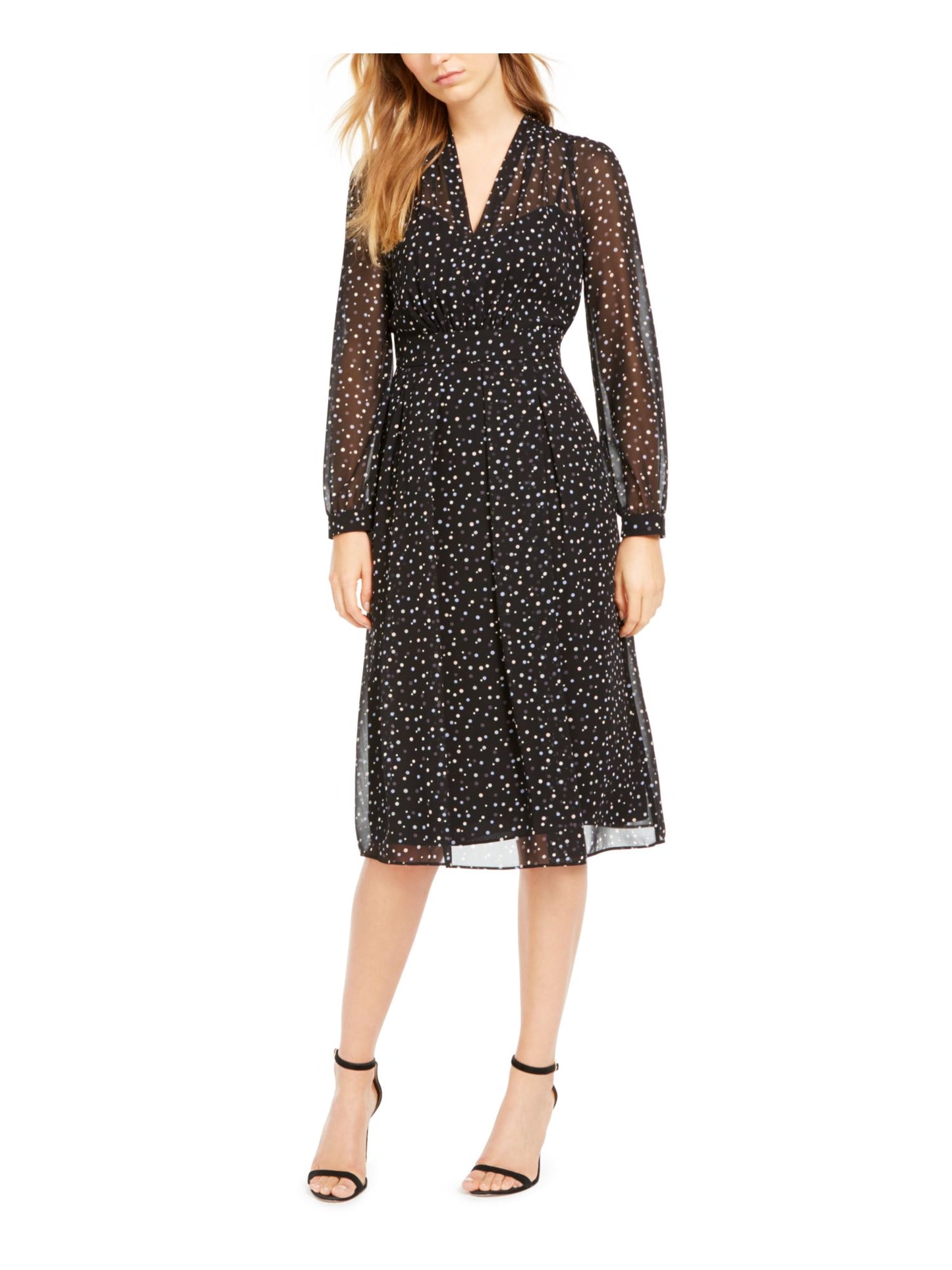 Vestido feminino Anne Klein com estampa de bolinhas, decote em V, preto, tamanho 14