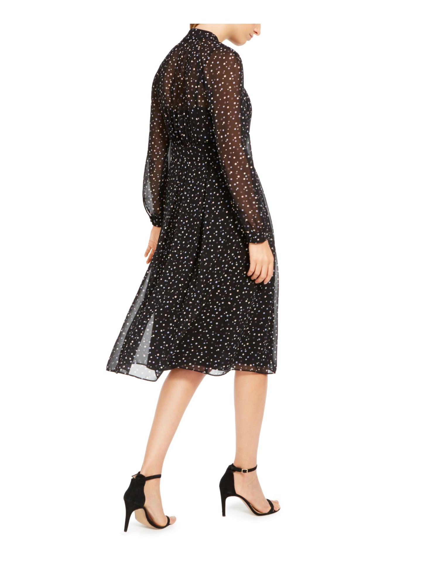 Vestido feminino Anne Klein com estampa de bolinhas, decote em V, preto, tamanho 14