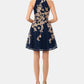 Vestido de coquetel curto com alças e decote halter floral feminino Xscape, azul, tamanho 10, pequeno