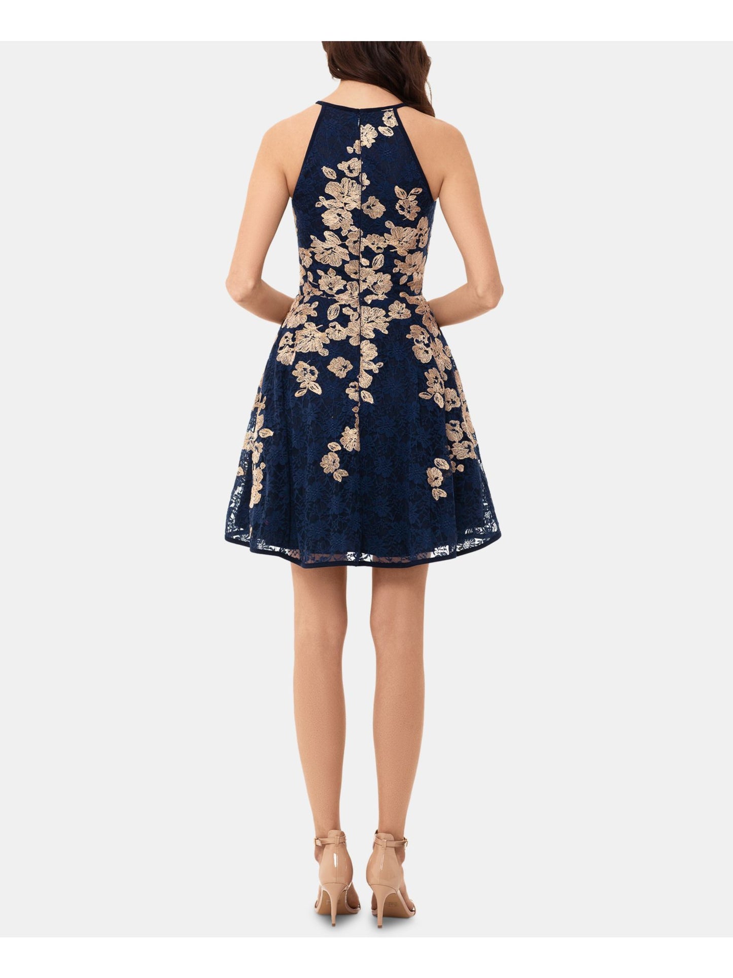 Vestido de coquetel curto com alças e decote halter floral feminino Xscape, azul, tamanho 10, pequeno