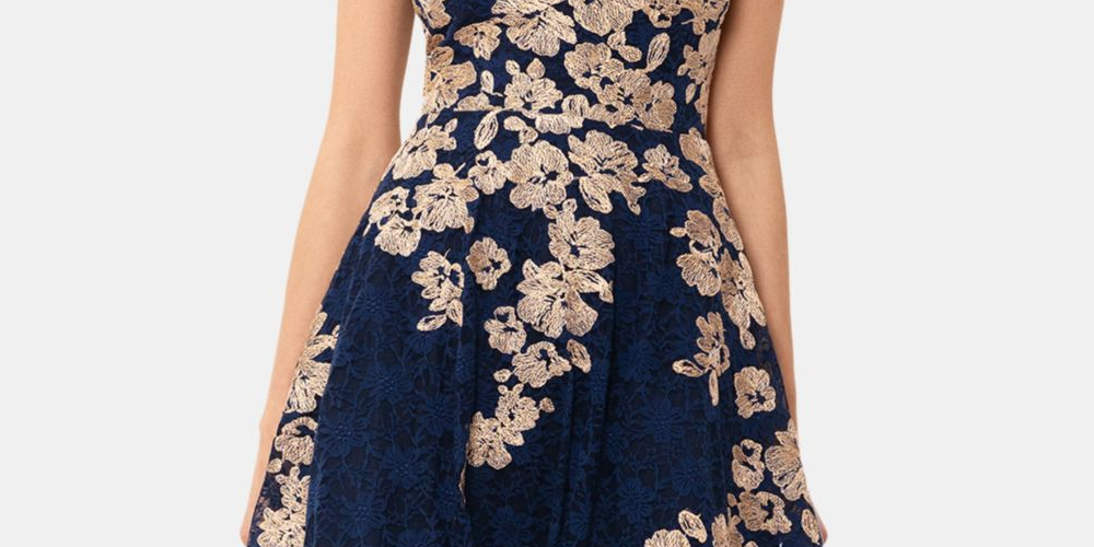 Vestido de coquetel curto com alças e decote halter floral feminino Xscape, azul, tamanho 10, pequeno