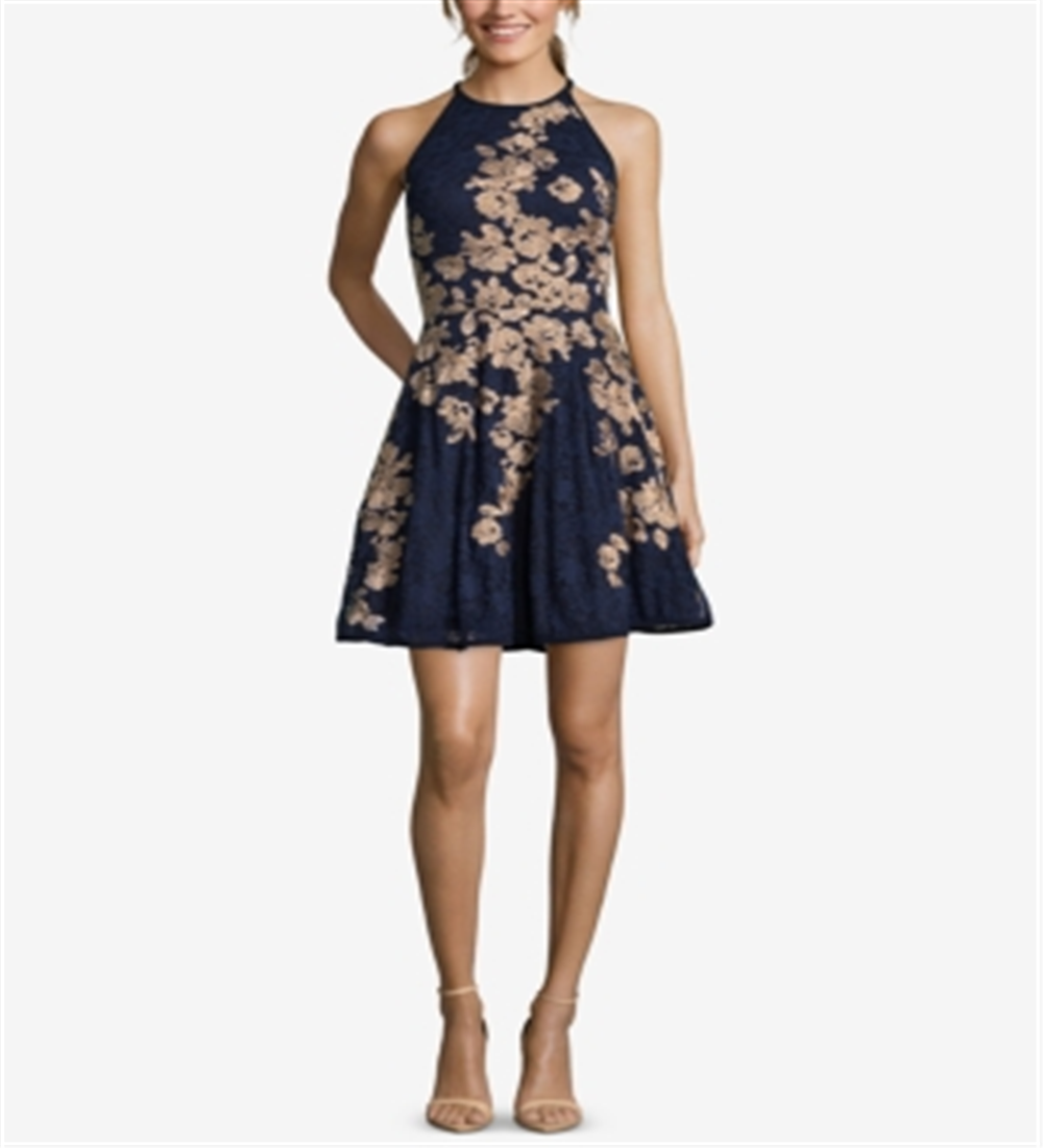 Vestido de coquetel curto com alças e decote halter floral feminino Xscape, azul, tamanho 10, pequeno