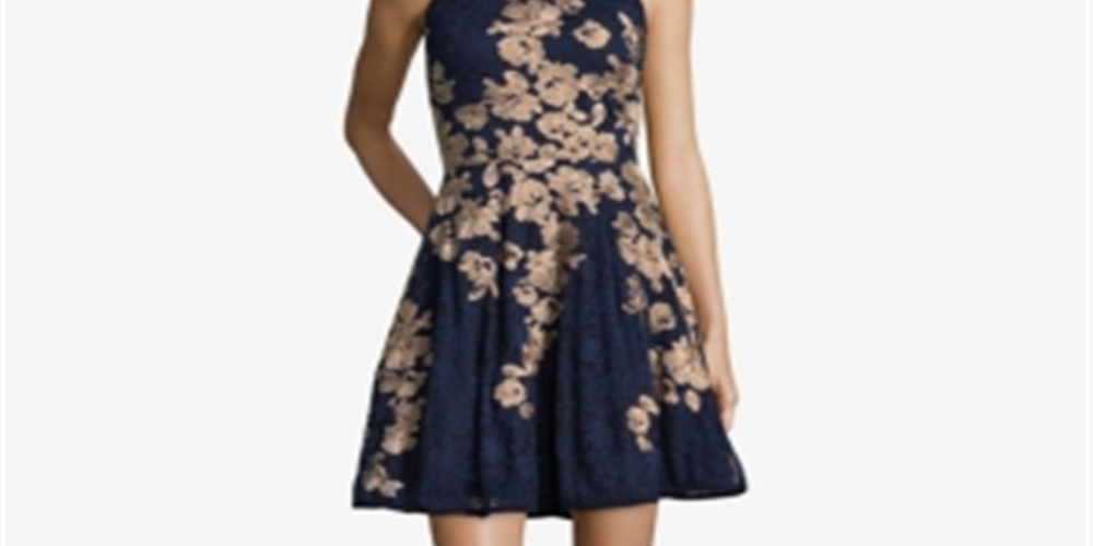 Vestido de coquetel curto com alças e decote halter floral feminino Xscape, azul, tamanho 10, pequeno