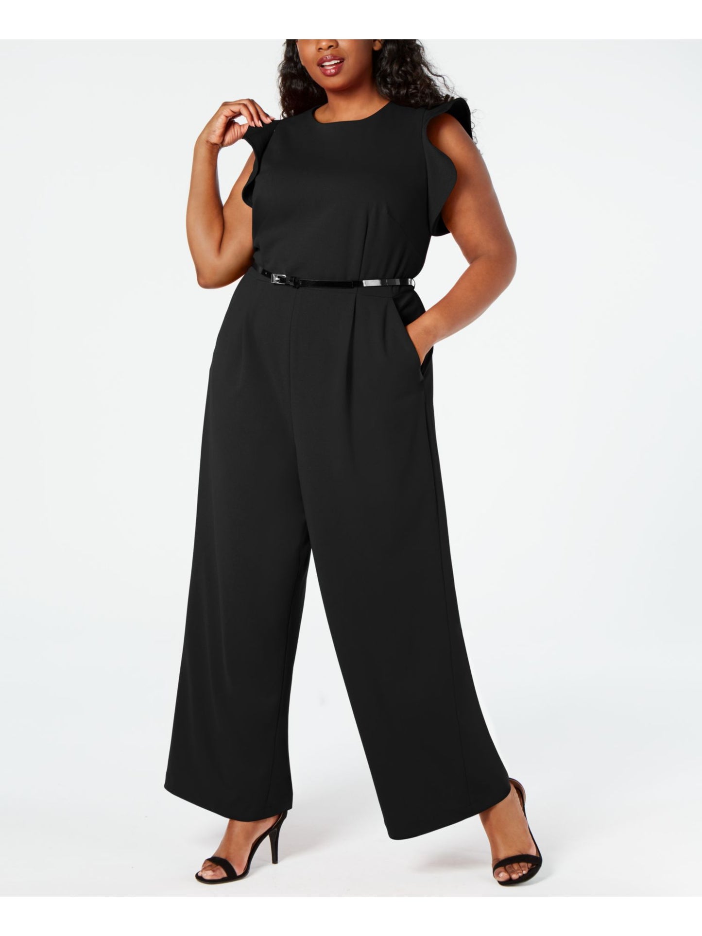 Macacão Calvin Klein Feminino com Cinto, Babados, Zíper, Sem Mangas, Gola Joia, Perna Larga, Preto, Tamanho 14W