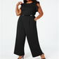 Macacão Calvin Klein Feminino com Cinto, Babados, Zíper, Sem Mangas, Gola Joia, Perna Larga, Preto, Tamanho 14W
