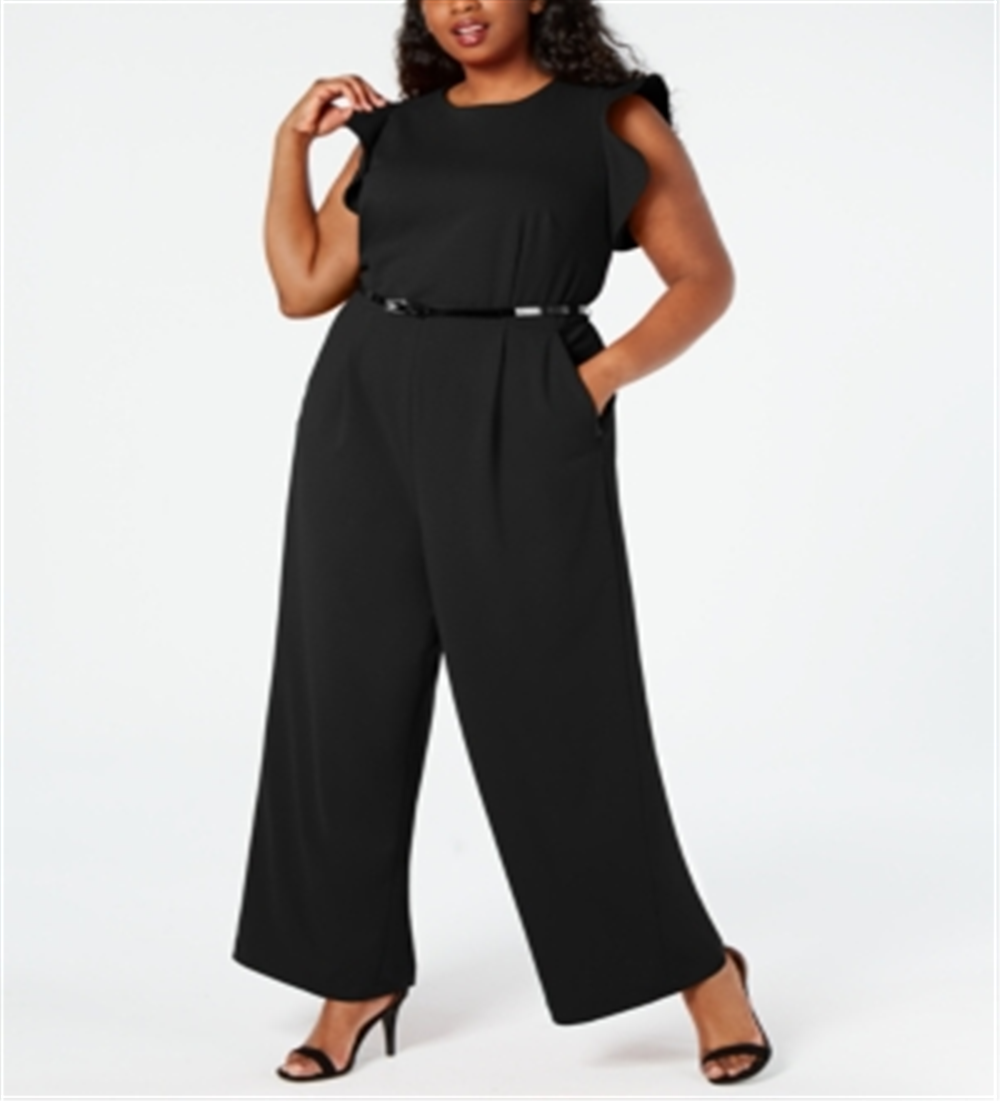 Macacão Calvin Klein Feminino com Cinto, Babados, Zíper, Sem Mangas, Gola Joia, Perna Larga, Preto, Tamanho 14W