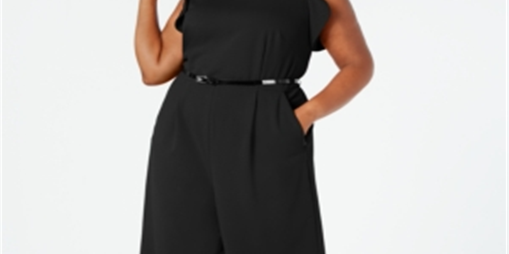 Macacão Calvin Klein Feminino com Cinto, Babados, Zíper, Sem Mangas, Gola Joia, Perna Larga, Preto, Tamanho 14W