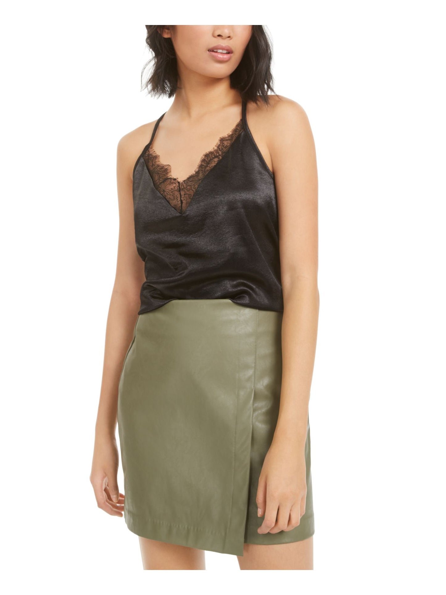 BAR III Regata feminina de renda com alças finas e decote em V, preta, tamanho 2XL