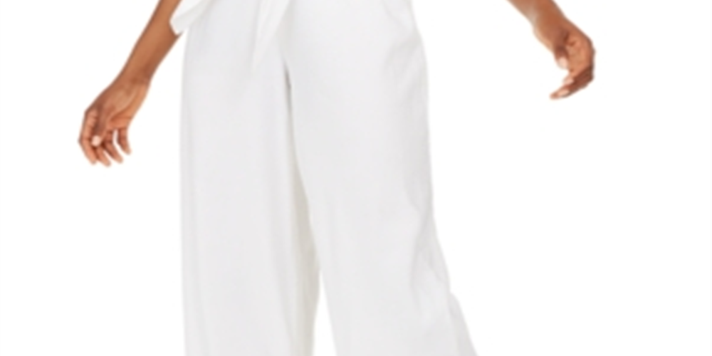 Calça feminina pequena com amarração frontal e pernas largas, branca, tamanho 4 P