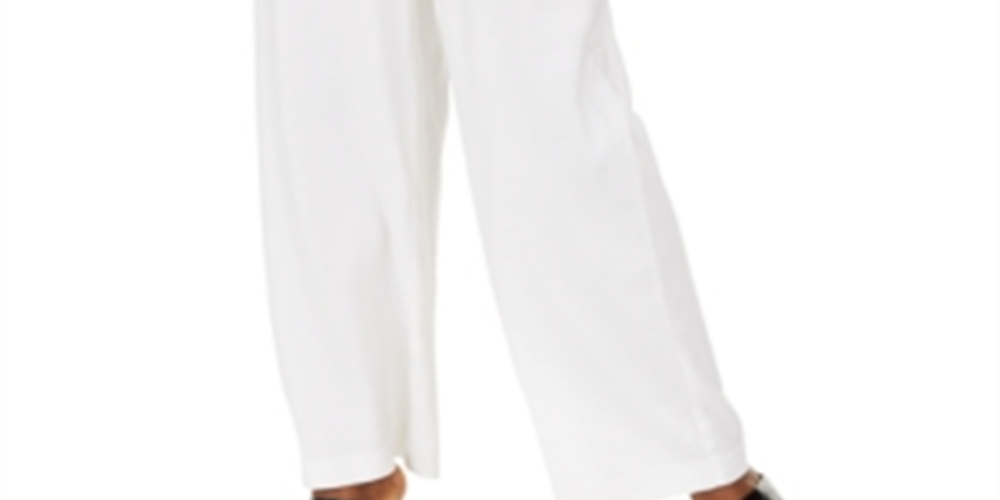 Calça feminina pequena com amarração frontal e pernas largas, branca, tamanho 4 P