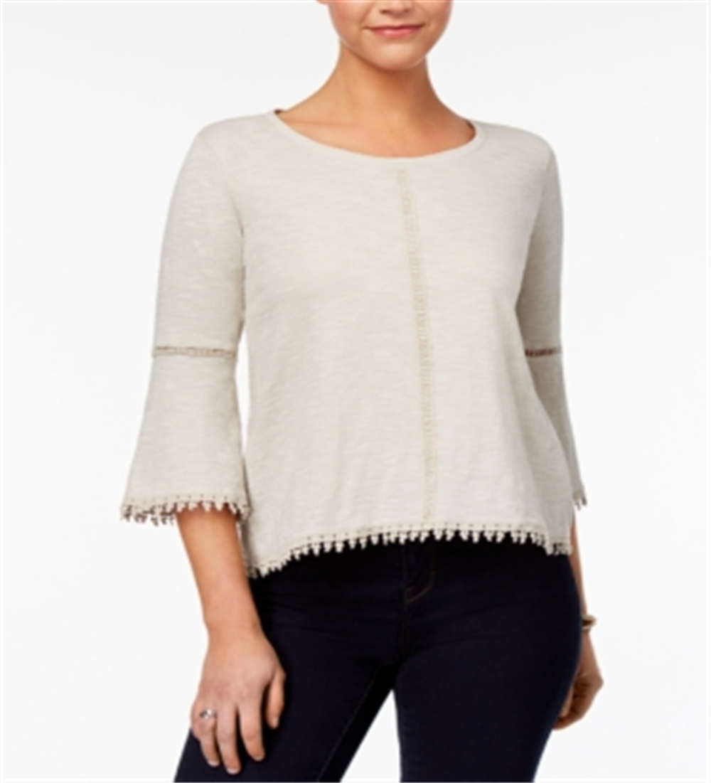 Blusa feminina estilo &amp; co com manga lanterna e acabamento em crochê, cinza, tamanho pequeno