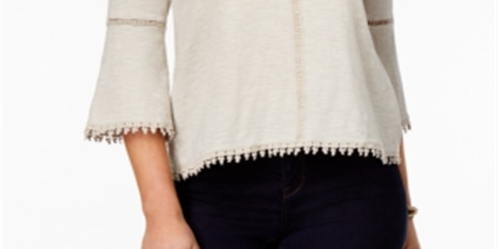 Blusa feminina estilo &amp; co com manga lanterna e acabamento em crochê, cinza, tamanho pequeno