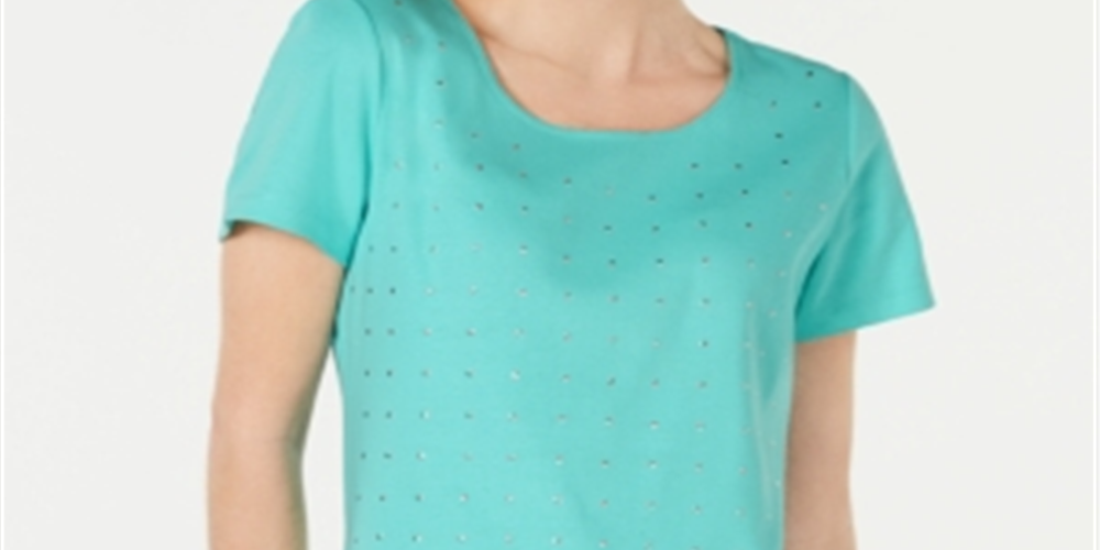 Blusa feminina Karen Scott de algodão com decote redondo e detalhes em azul, tamanho P