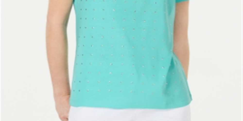 Blusa feminina Karen Scott de algodão com decote redondo e detalhes em azul, tamanho P