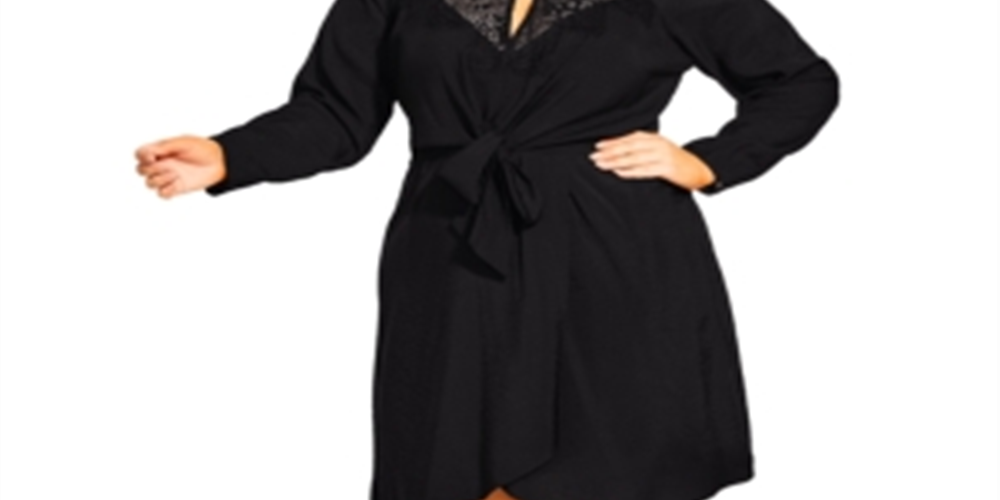 Vestido curto sem mangas City Chic feminino plus size com acabamento em renda, preto, tamanho 20W