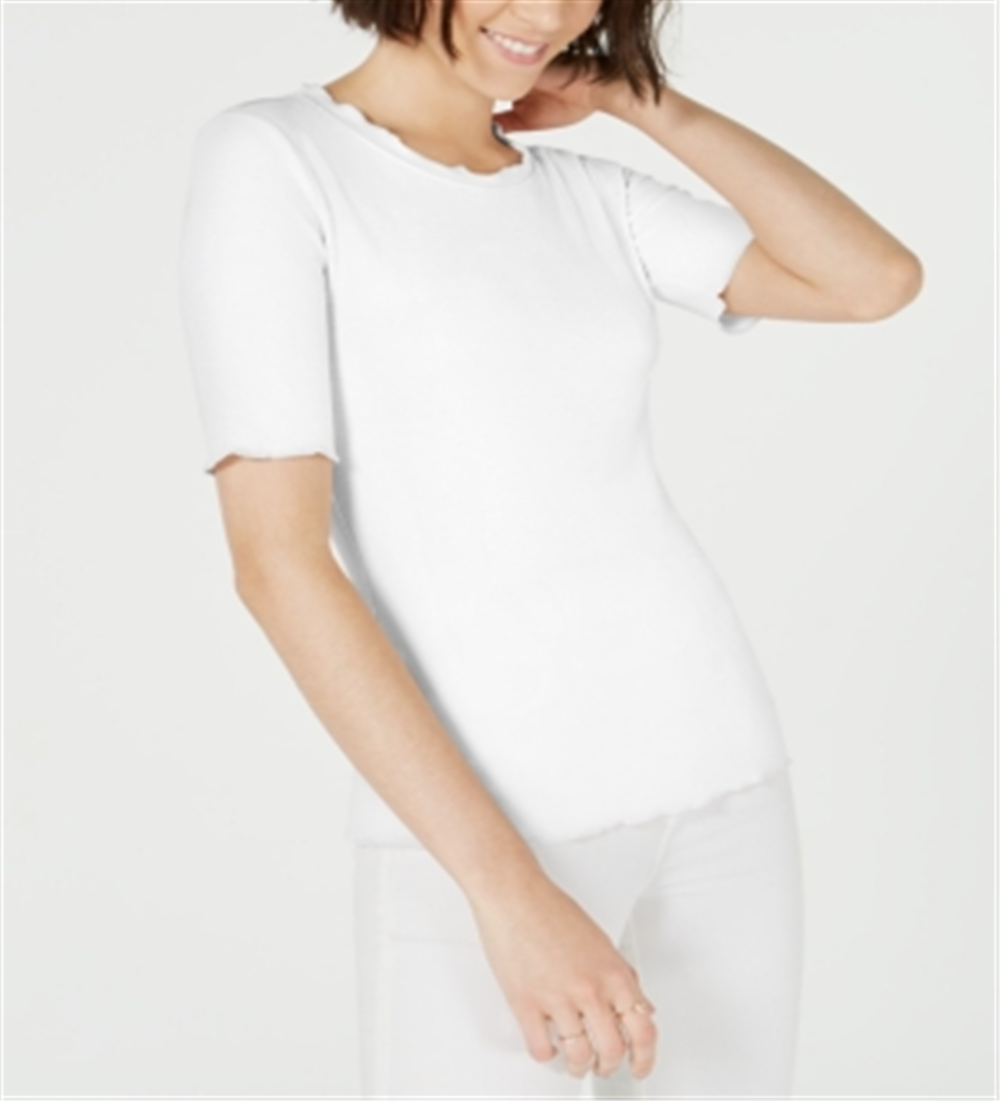 Blusa feminina Maison Jules com decote redondo e mangas curtas, branca brilhante, tamanho pequeno