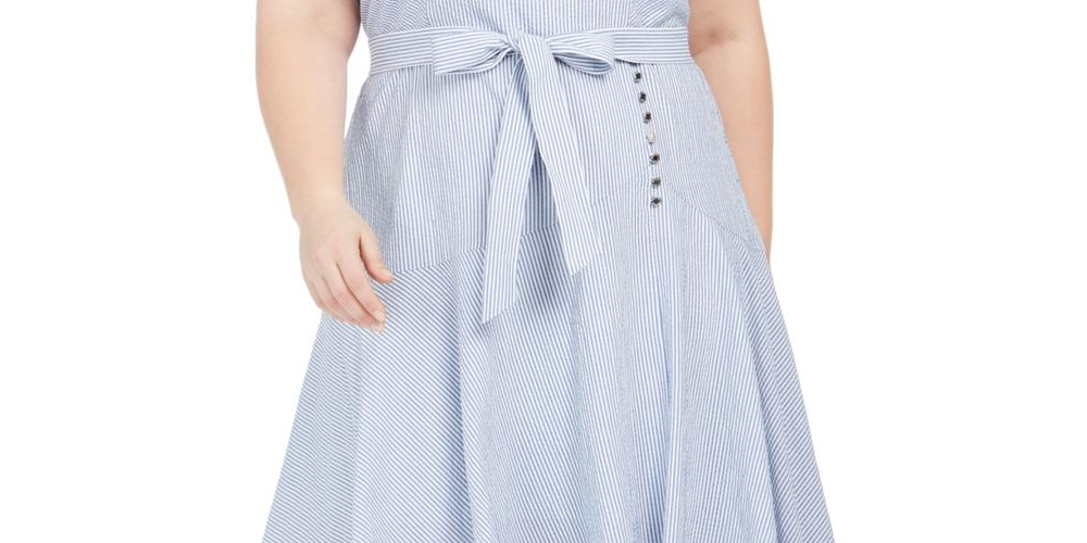 Vestido Calvin Klein Plus Size Feminino Listrado Hi Low MIDI Cinza Tamanho 24W