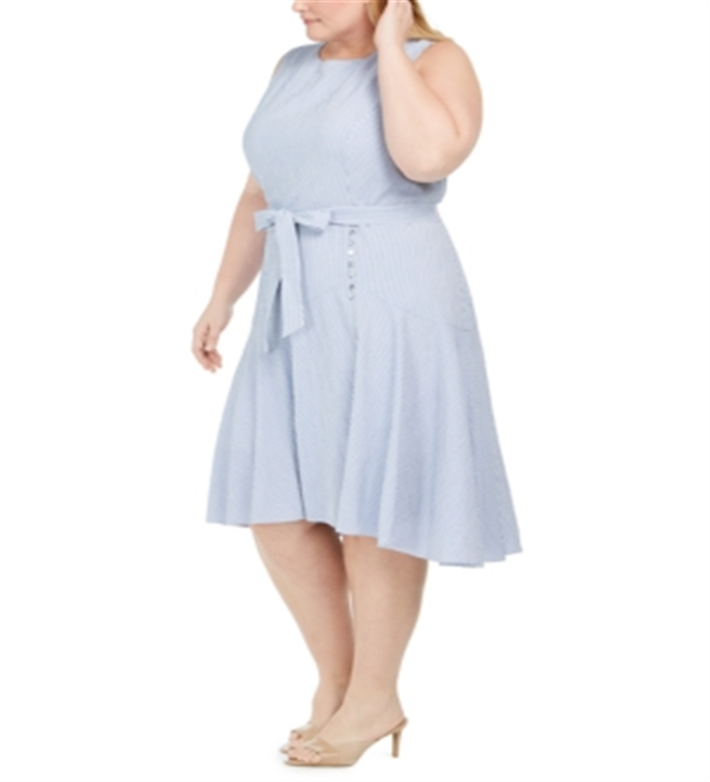 Vestido Calvin Klein Plus Size Feminino Listrado Hi Low MIDI Cinza Tamanho 24W