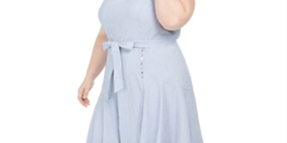 Vestido Calvin Klein Plus Size Feminino Listrado Hi Low MIDI Cinza Tamanho 24W