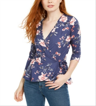 BCX Junior's Printed Wrap Top Blue Size M