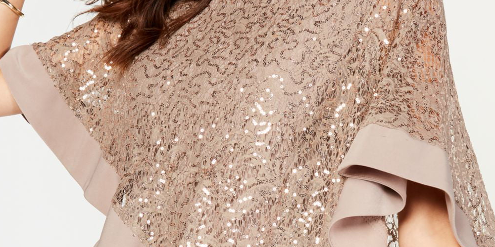 Vestido curto de festa com sobreposição de capa e renda com lantejoulas RM Richards feminino, manga curta, gola canoa, tamanho 14 P