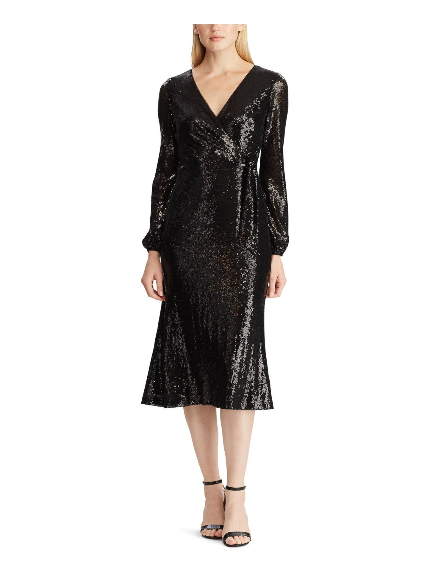 Vestido de coquetel midi com lantejoulas e manga comprida, decote em V, preto, tamanho 12, da Ralph Lauren