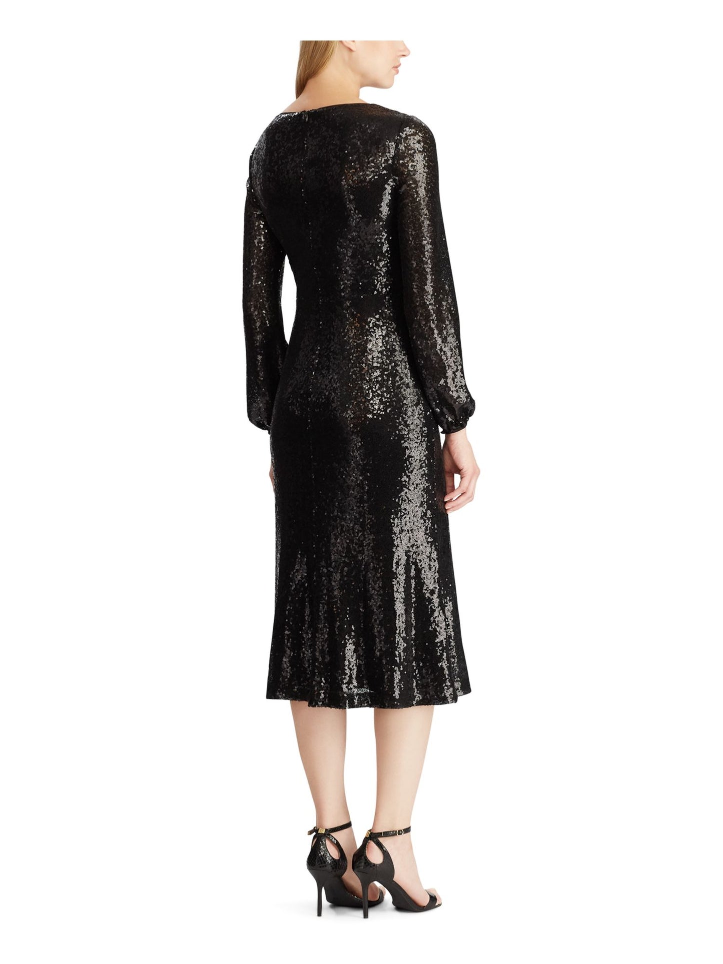 Vestido de coquetel midi com lantejoulas e manga comprida, decote em V, preto, tamanho 12, da Ralph Lauren