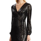 Vestido de coquetel midi com lantejoulas e manga comprida, decote em V, preto, tamanho 12, da Ralph Lauren