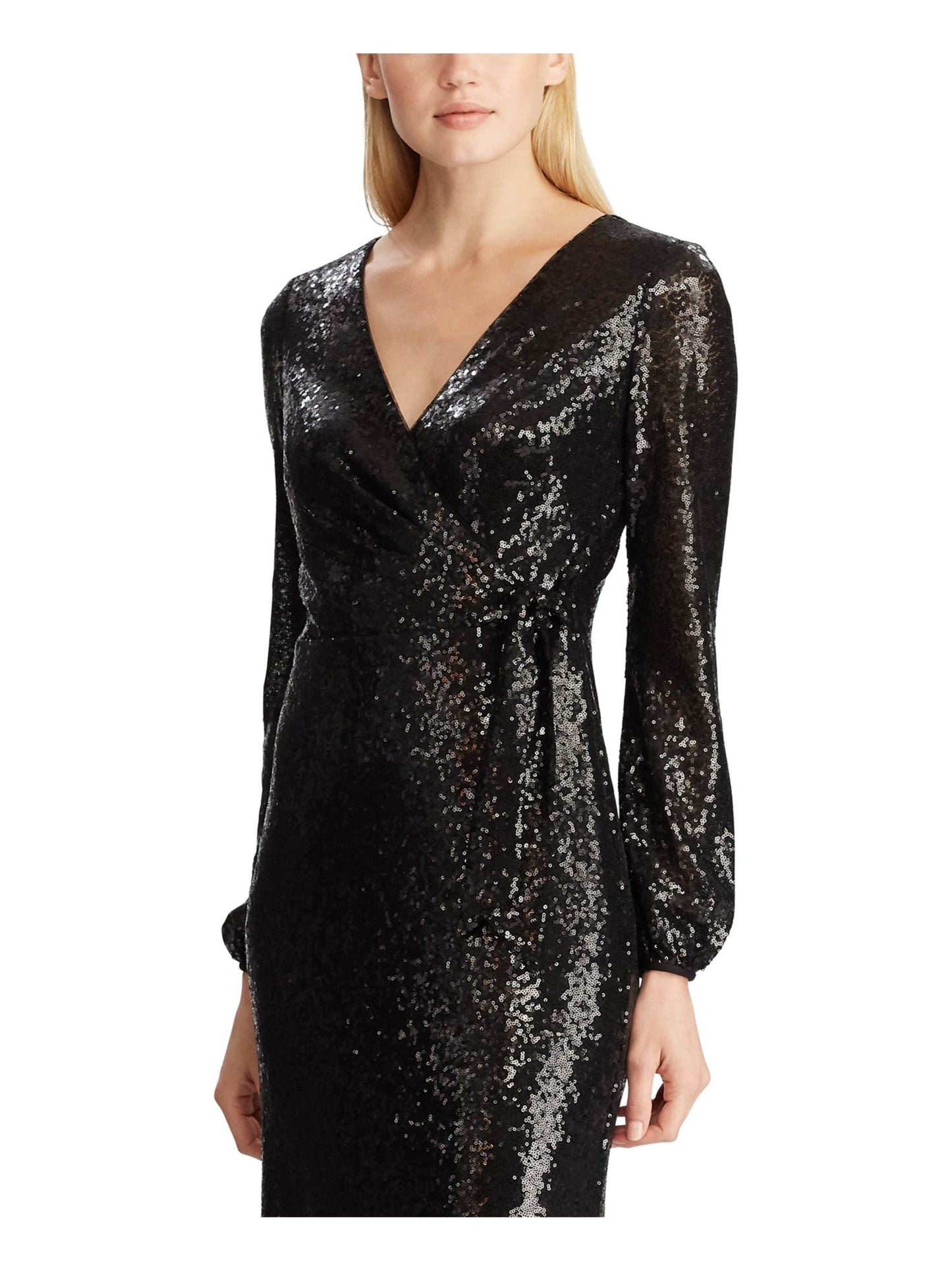 Vestido de coquetel midi com lantejoulas e manga comprida, decote em V, preto, tamanho 12, da Ralph Lauren