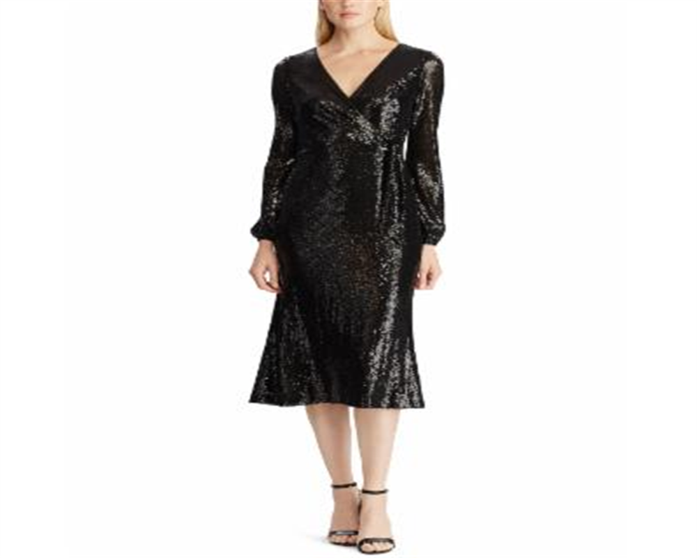 Vestido de coquetel midi com lantejoulas e manga comprida, decote em V, preto, tamanho 12, da Ralph Lauren
