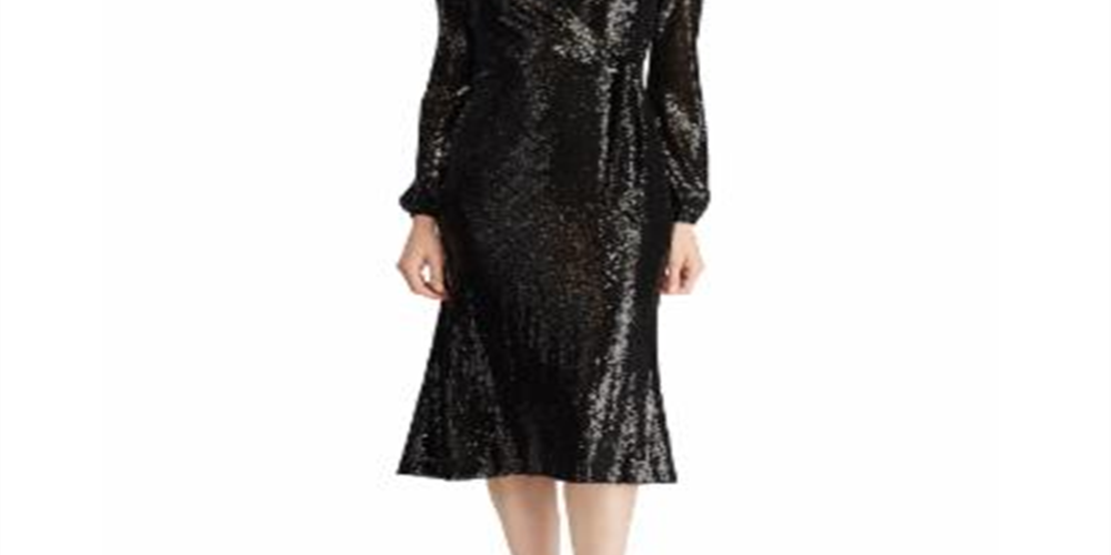Vestido de coquetel midi com lantejoulas e manga comprida, decote em V, preto, tamanho 12, da Ralph Lauren