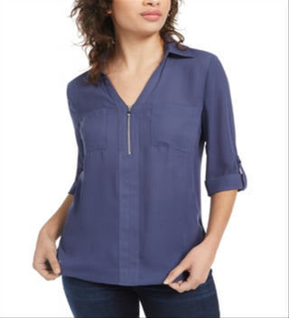 Bcx Juniors' Woven Zipper Roll-Tab Shirt Blue Size Small
