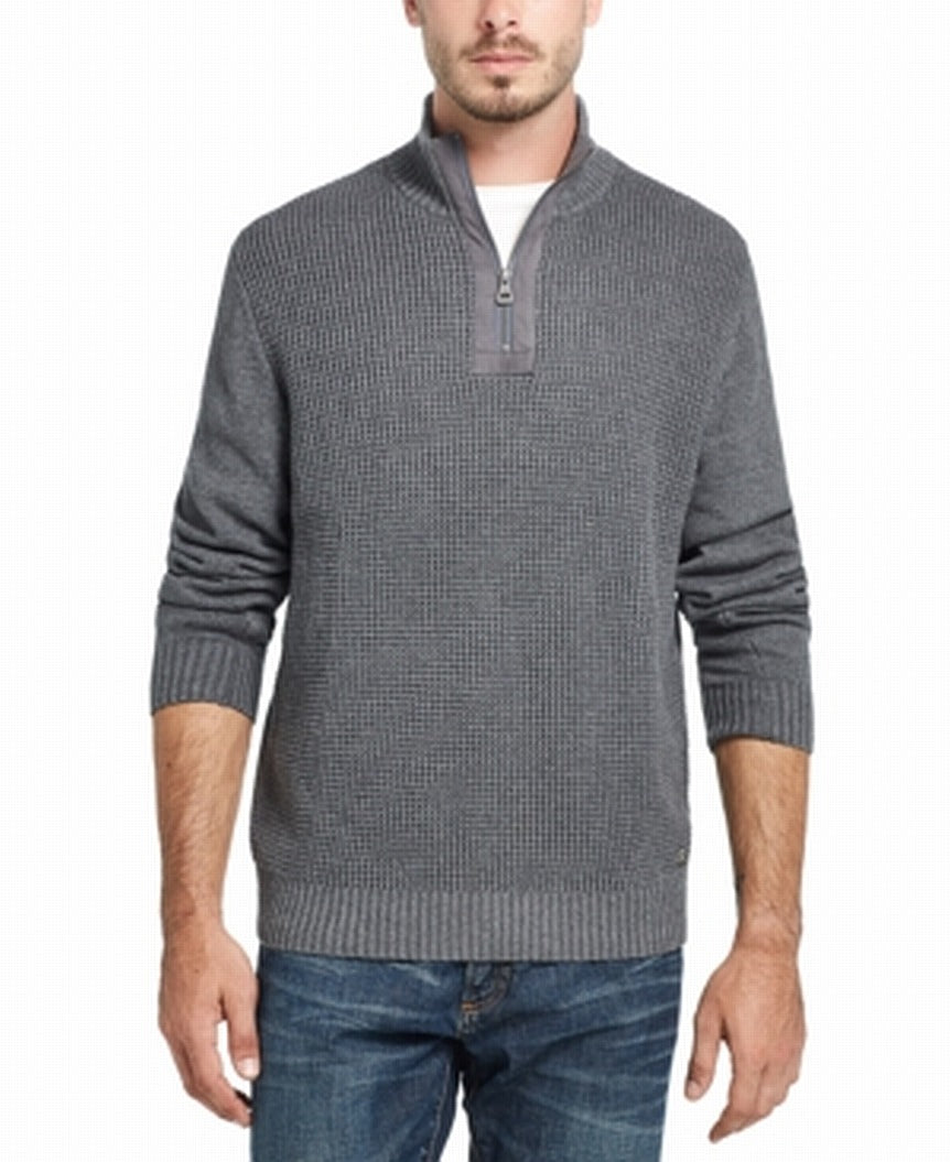 Suéter masculino vintage à prova de intempéries com zíper de 1/2, malha texturizada, cinza, tamanho 2XL