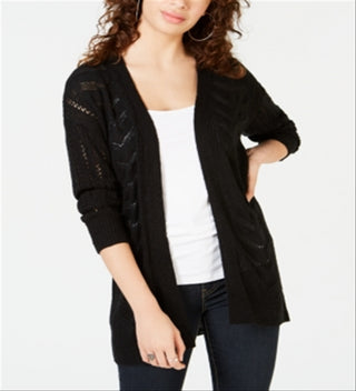 Hippie Rose Juniors' Pointelle Cardigan Black Size Medium