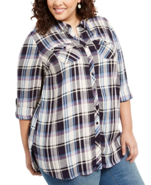 Camisa utilitária xadrez plus size feminina Style &amp; Co, branca, tamanho 2X
