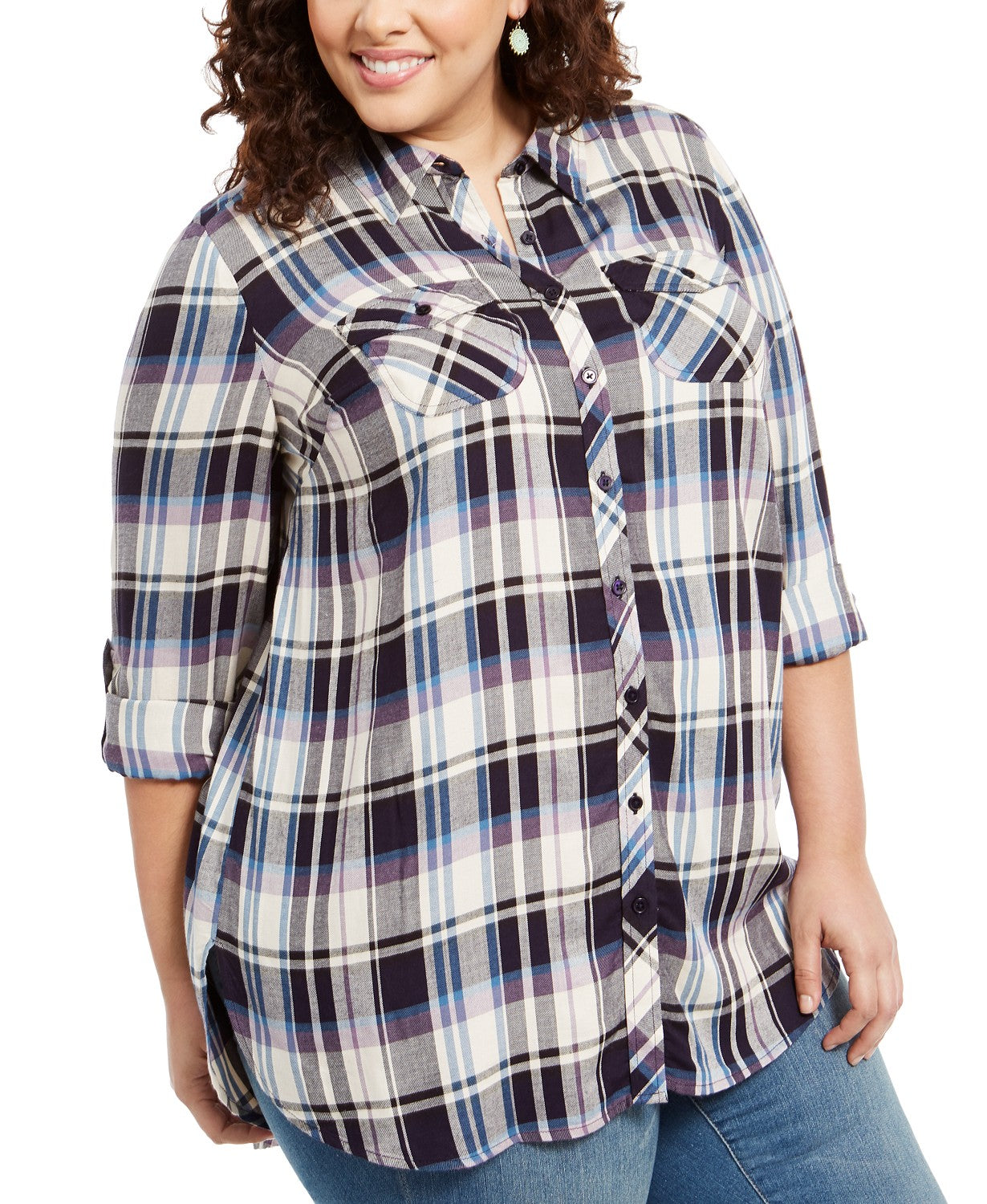 Camisa utilitária xadrez plus size feminina Style &amp; Co, branca, tamanho 2X