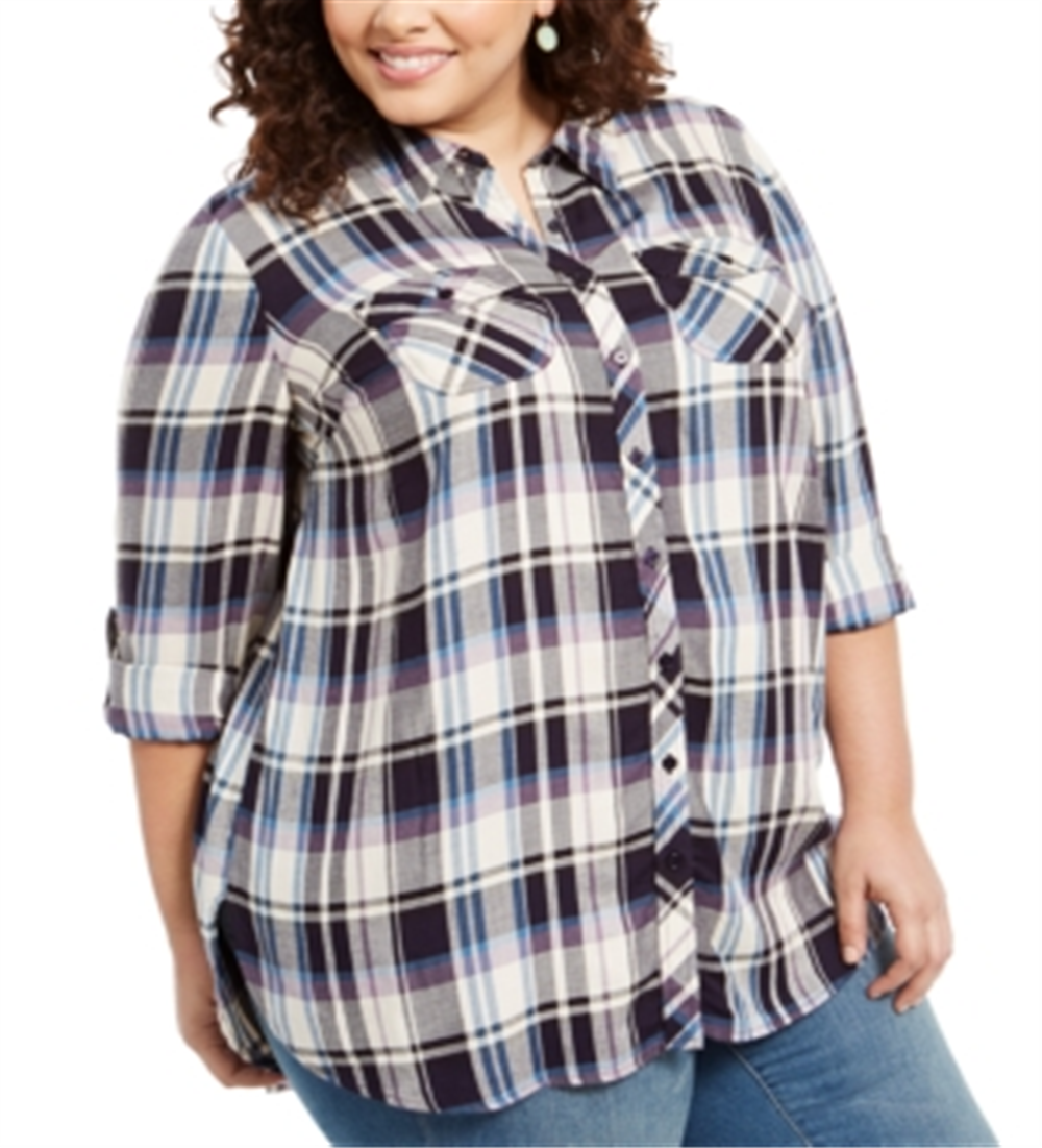 Camisa utilitária xadrez plus size feminina Style &amp; Co, branca, tamanho 2X