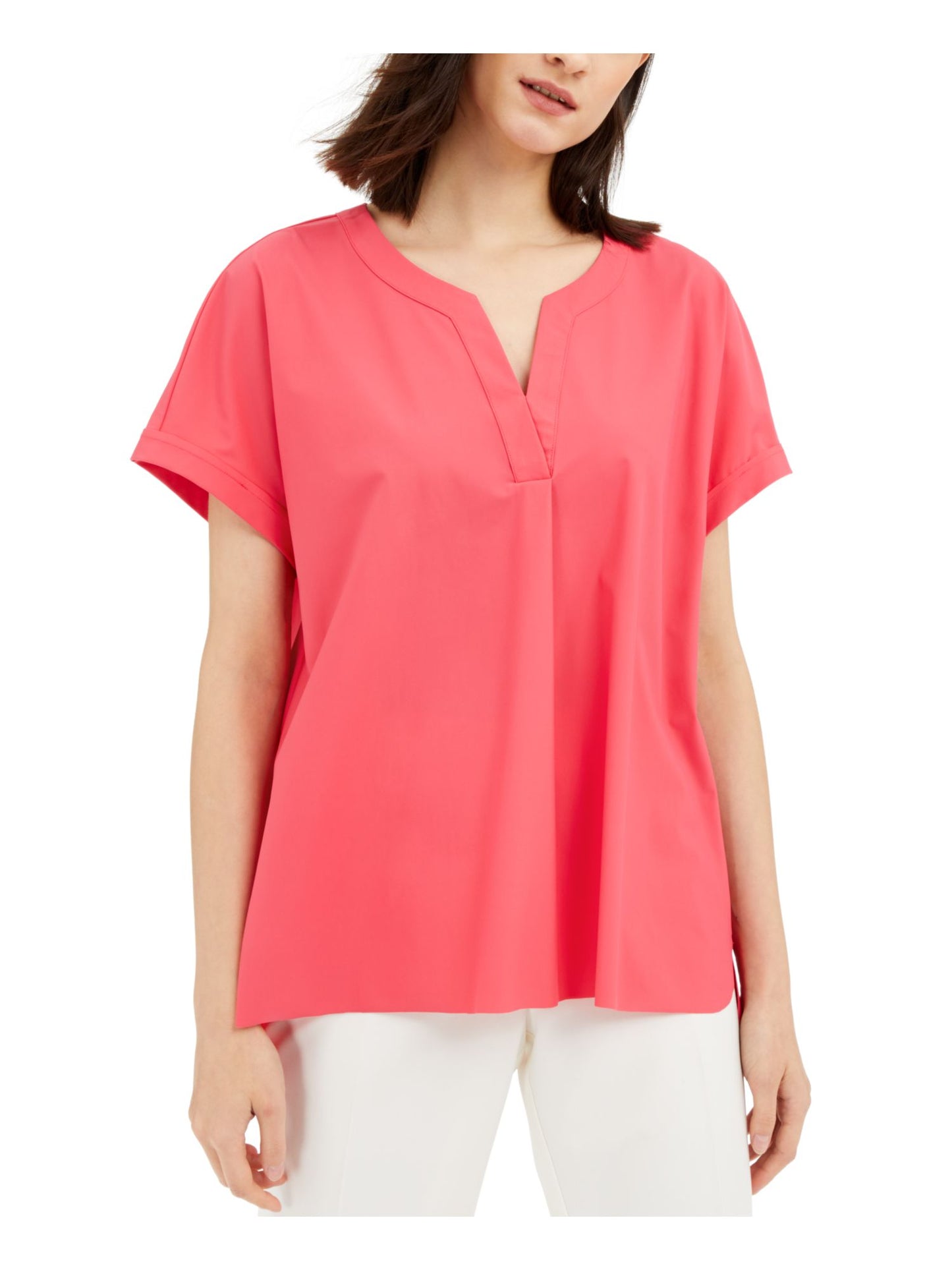 Blusa feminina Alfani com decote em V, lisa, rosa, tamanho médio