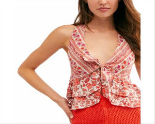Blusa feminina Free People de malha com amarração frontal e costas nadador, vermelha, tamanho pequeno